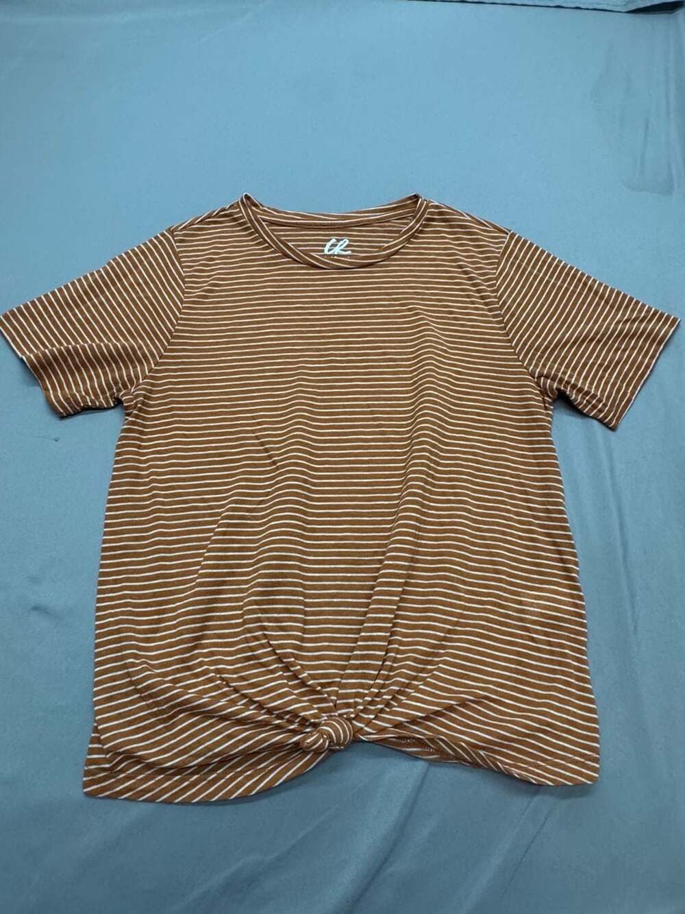 Charlotte Russe Striped T-Shirt Size M Brown White Short Sleeve Tie Front